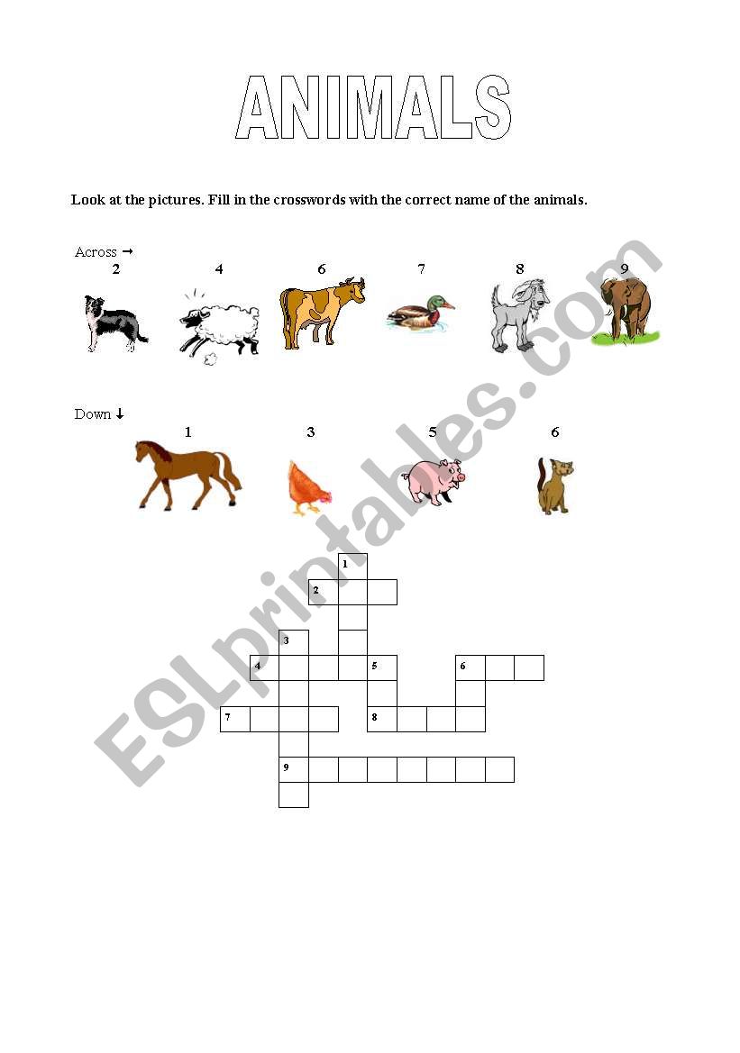 Animals crossword worksheet