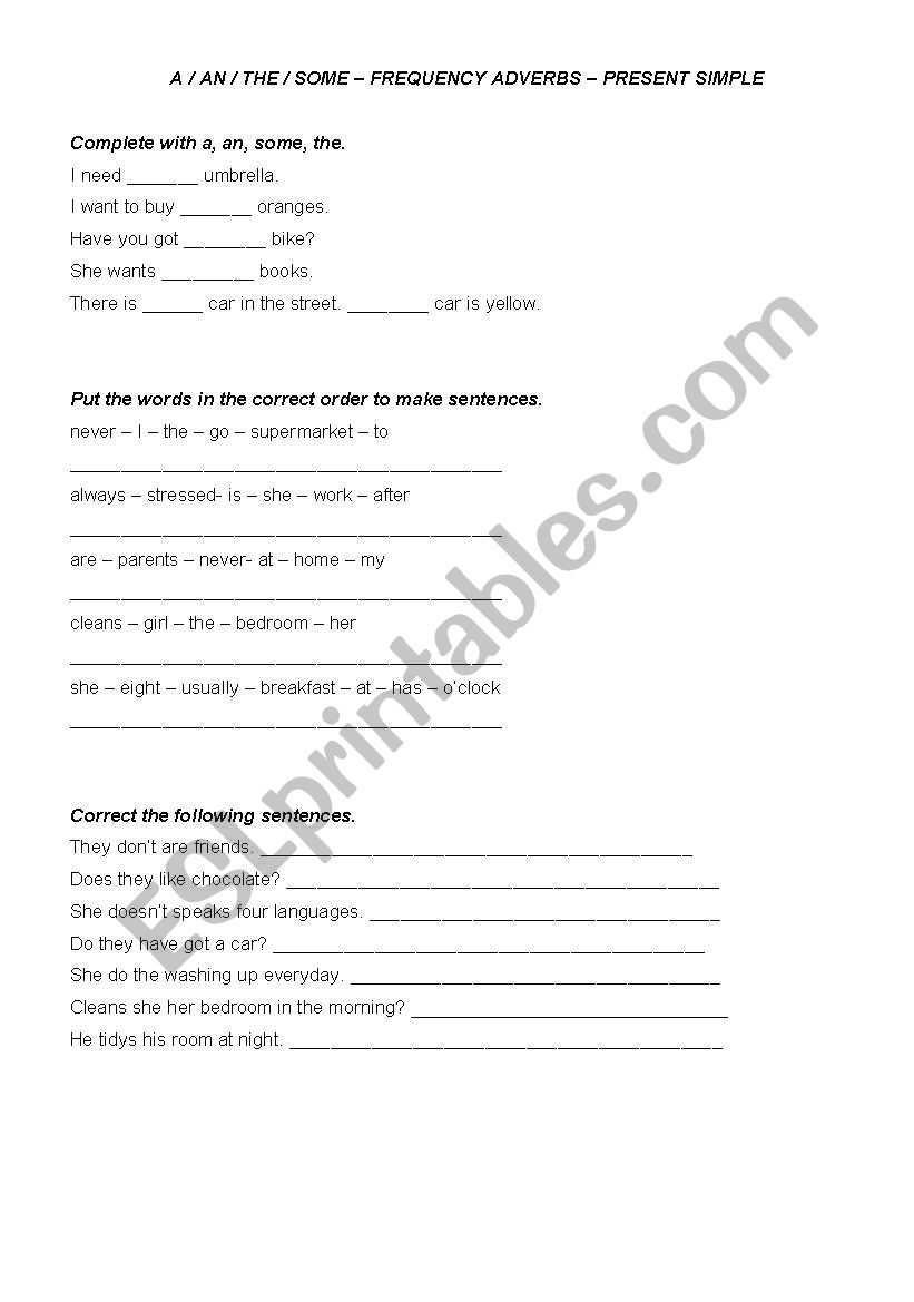 revision: a, an, the, some - frequency adverbs - present simple