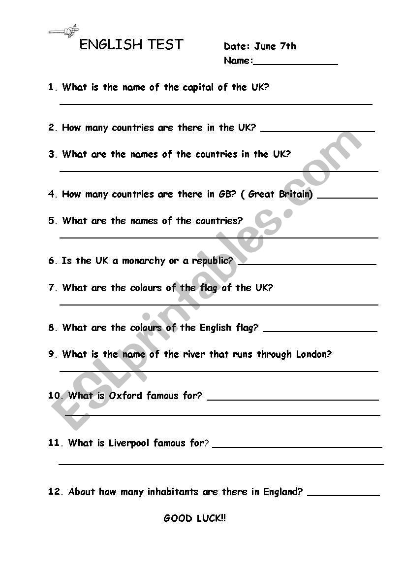Test about Great Britain worksheet