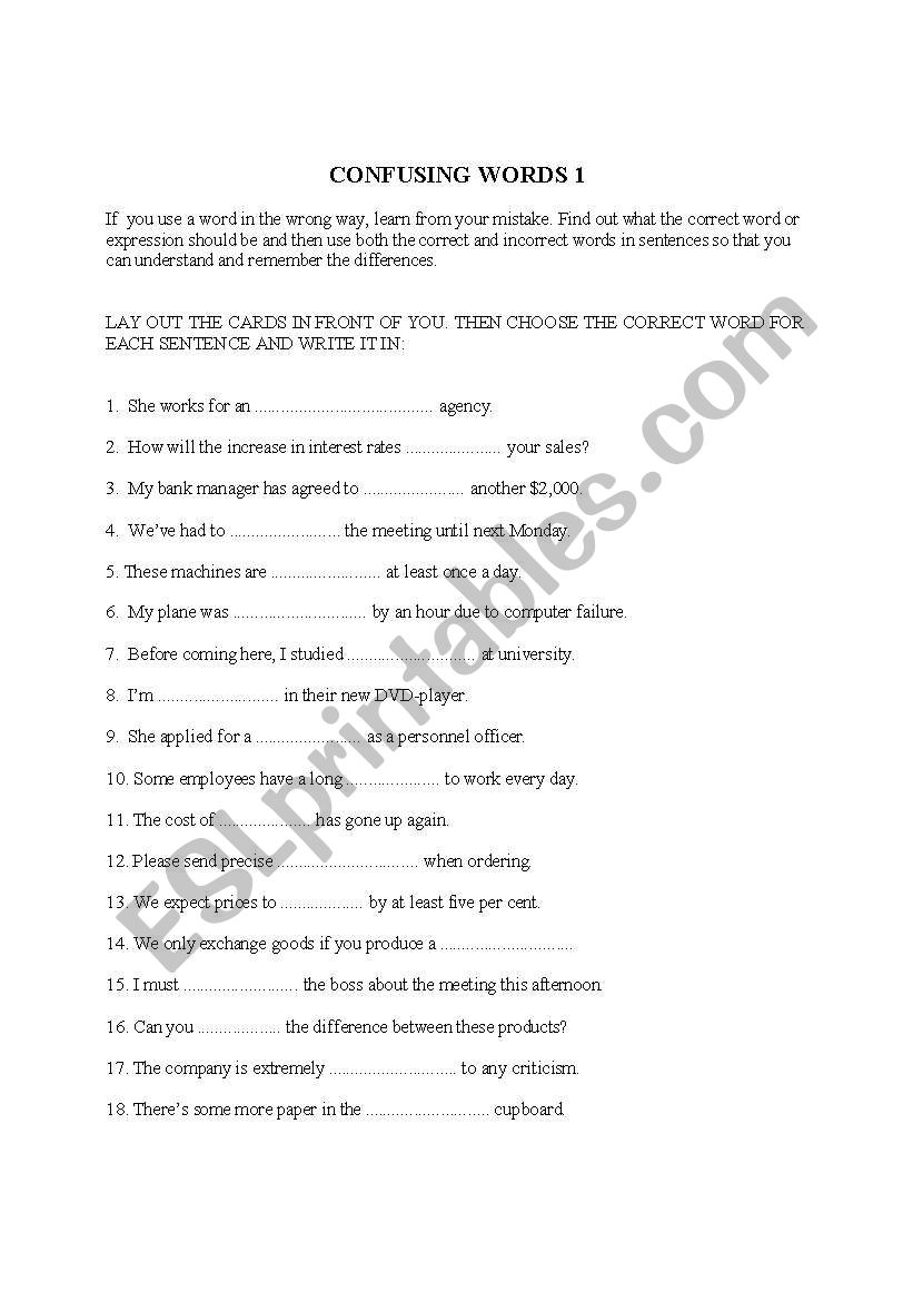 Confusing Words 1 plus Cards worksheet