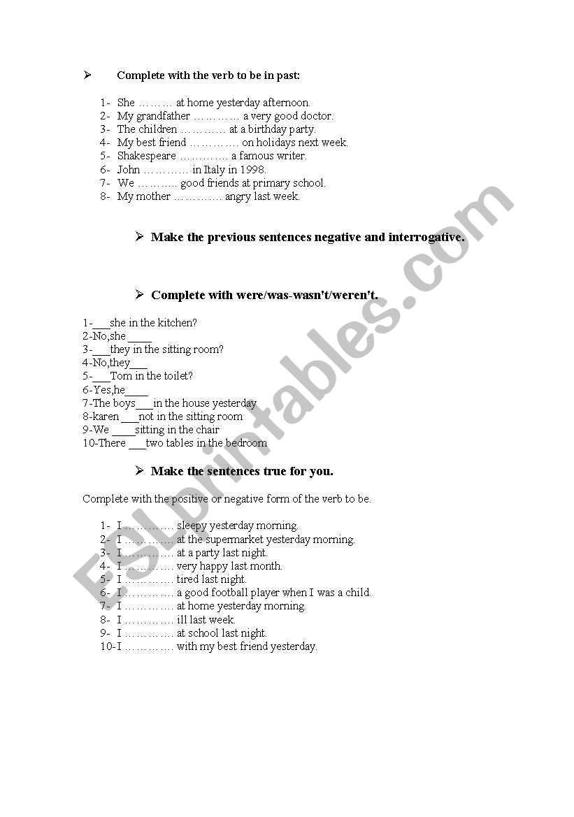 Verb to be in past worksheet