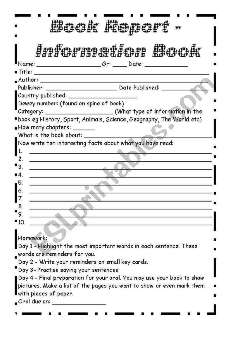 Non Fiction Book Report and oral presentation - ESL worksheet by Within Nonfiction Book Report Template