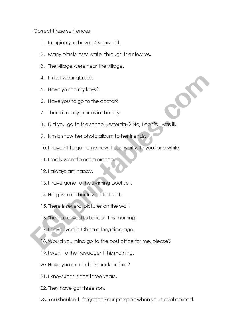 Correct the sentence II worksheet