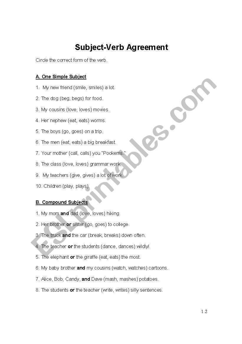 Basic Subject-Verb Agreement worksheet