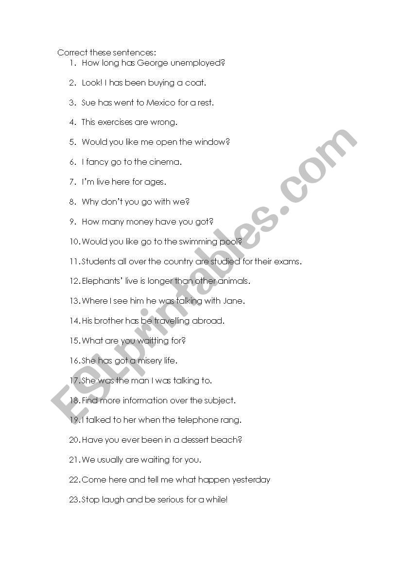 Correct the sentence III worksheet