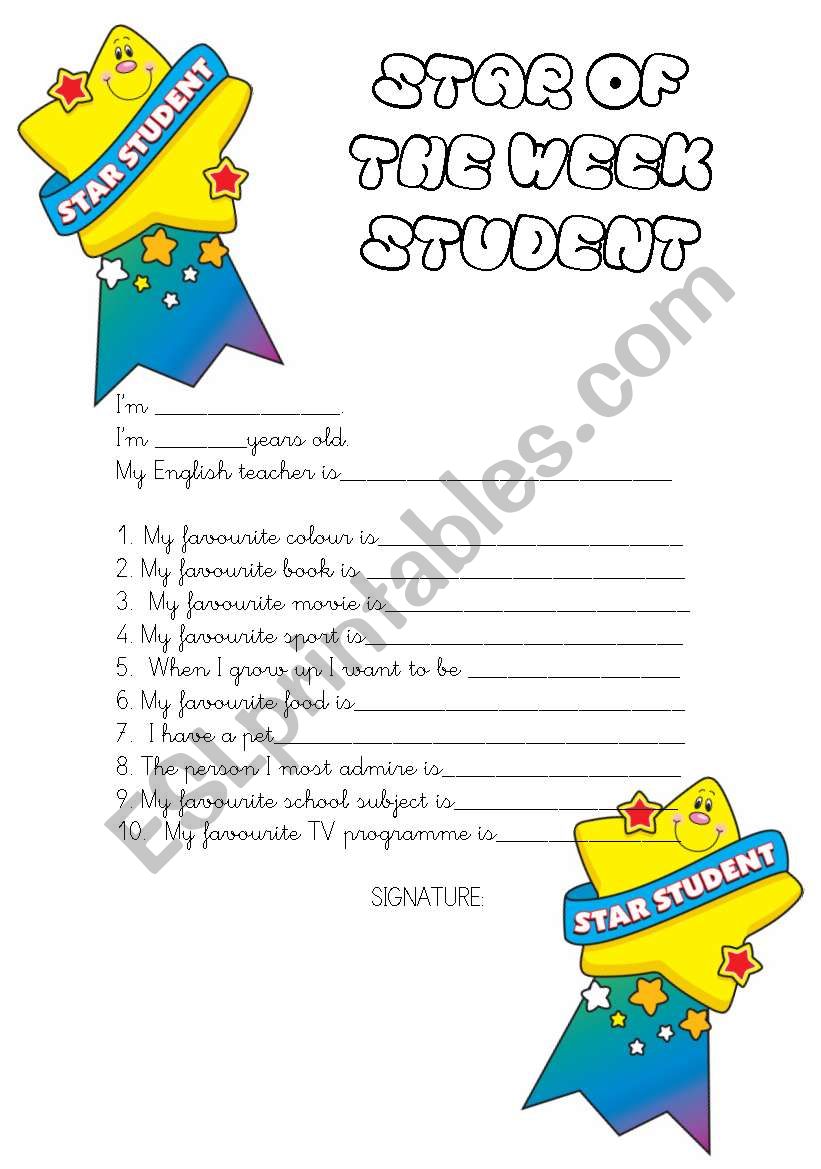 STAR OF THE WEEK STUDENT INFO SHEET