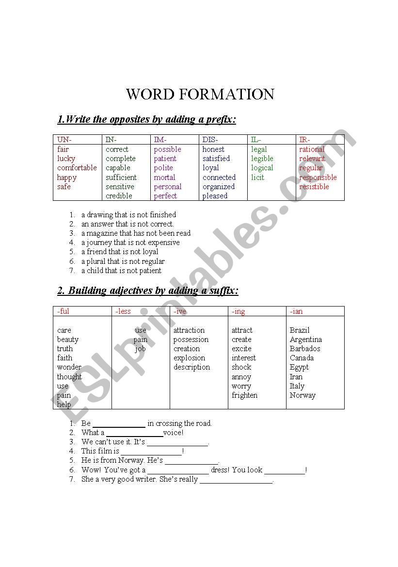 word formation worksheet