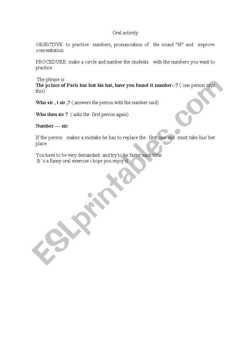 oral activity worksheet