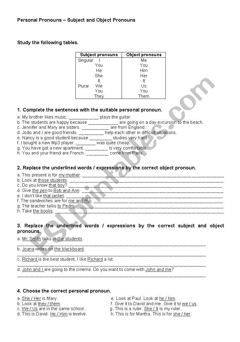 Personal Pronouns worksheet