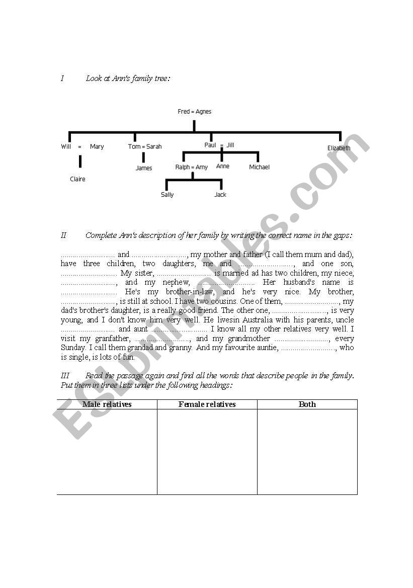 A family tree gap-filling worksheet