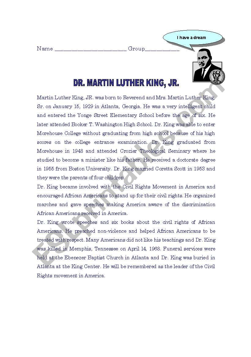 Martin Luther King Jr worksheet