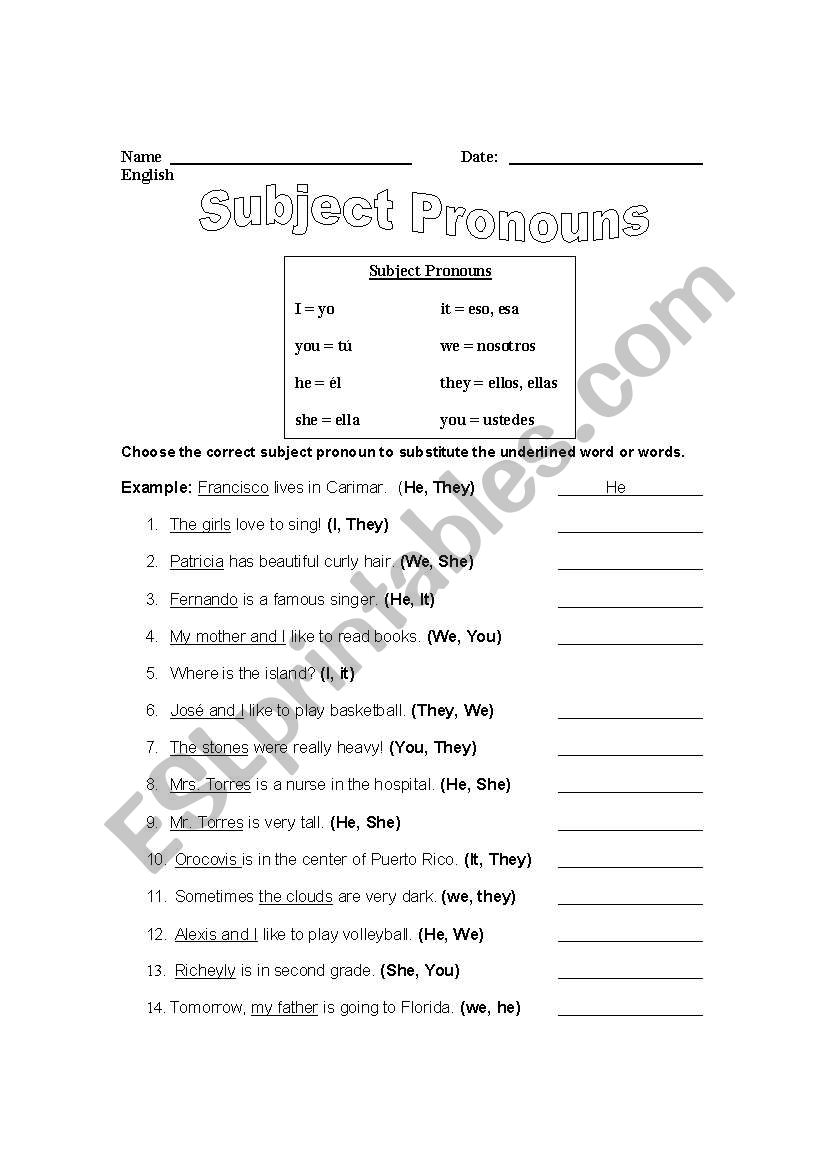 Subject Pronoun Worksheet worksheet