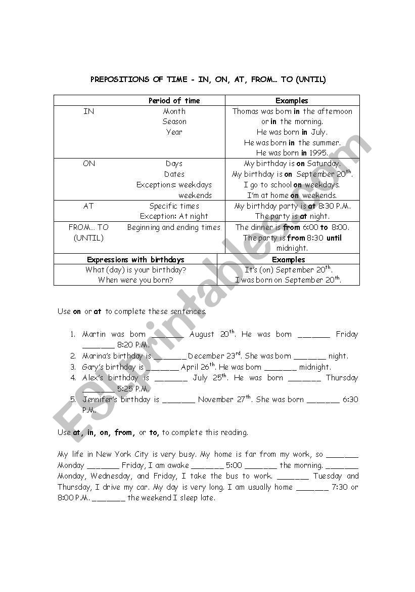 PREPOSITIONS OF TIME worksheet