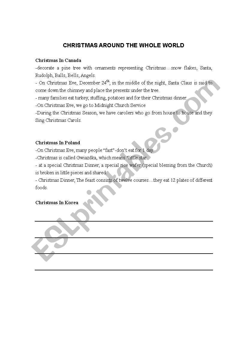 Christmas around the world worksheet