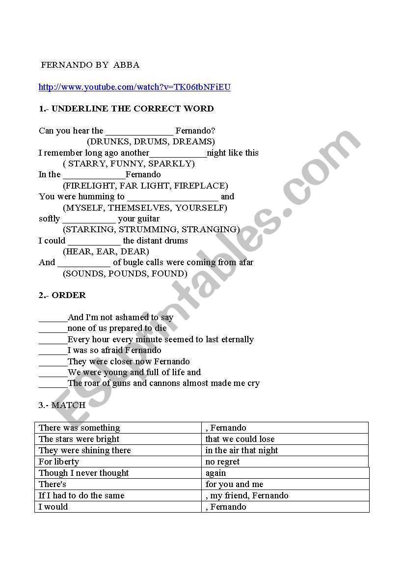 FERNANDO BY ABBA worksheet