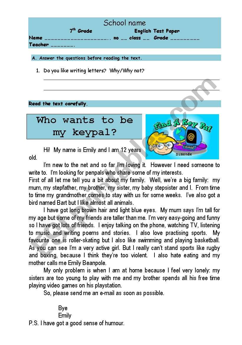 test keypals  worksheet