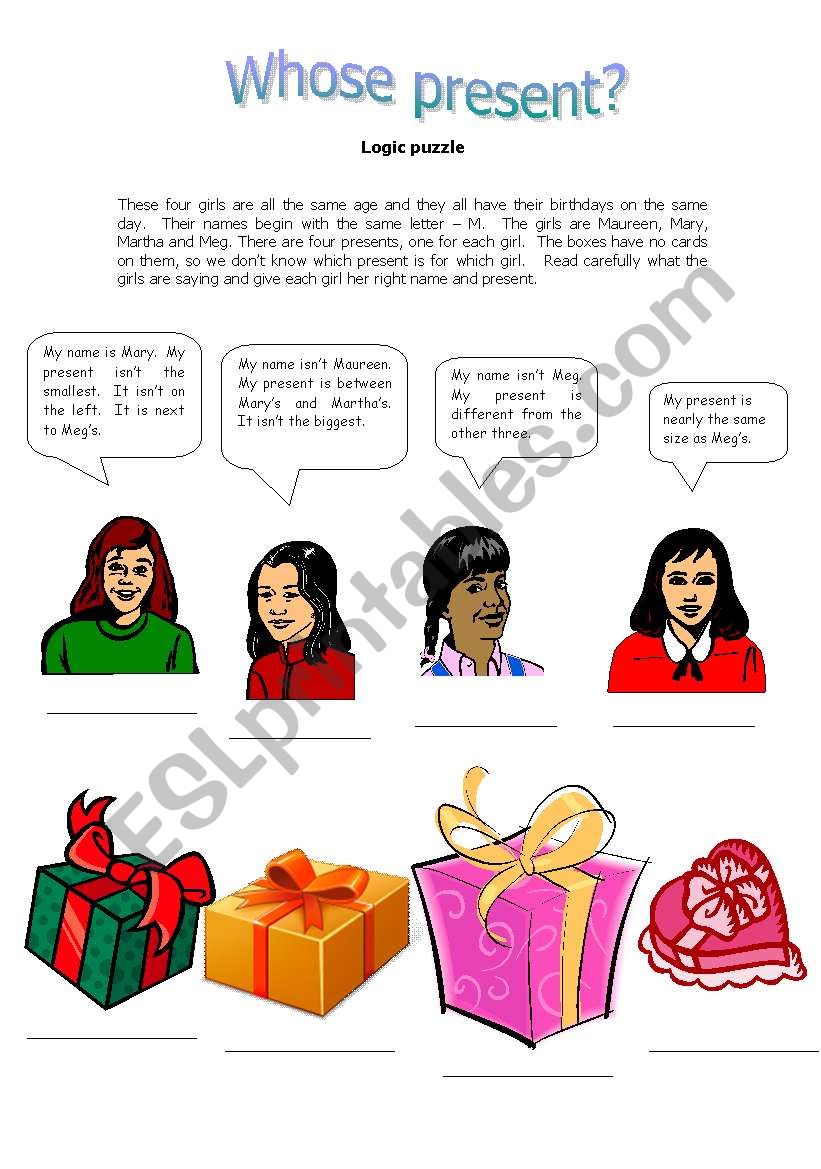 Whose present? - Logic puzzle worksheet