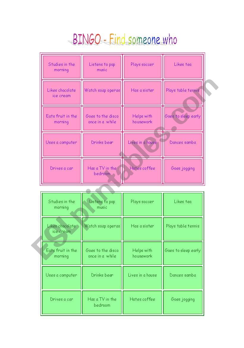 BINGO Game - yes/no questions - present simple