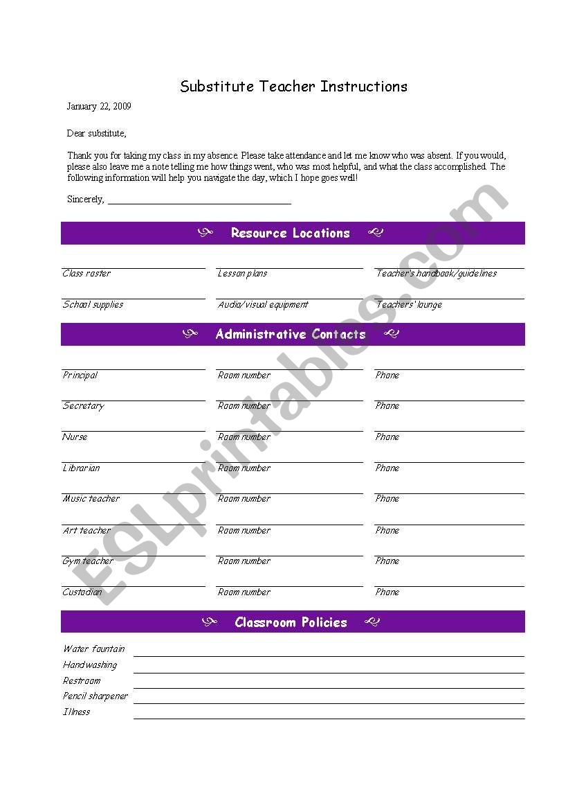 Substitute Template worksheet