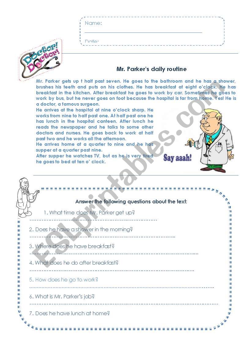 Mr Parkers daily routine worksheet