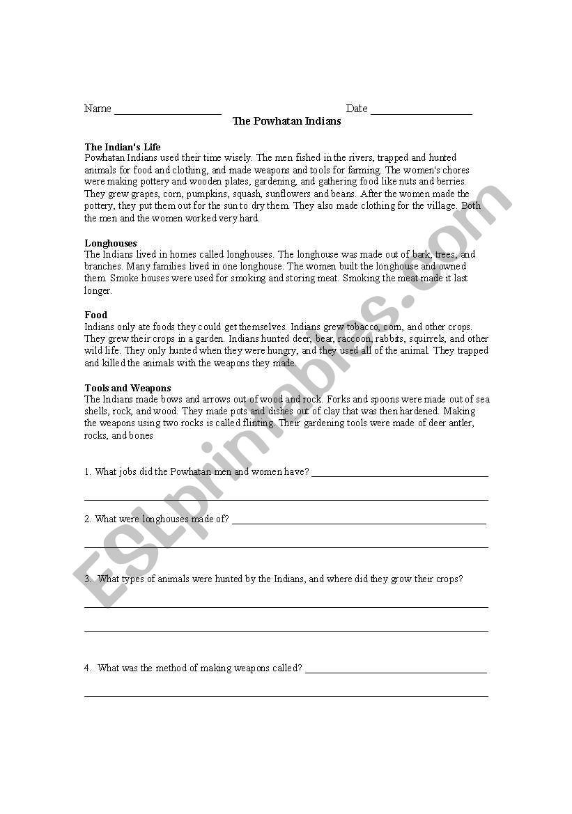 The Powhatan Indians worksheet