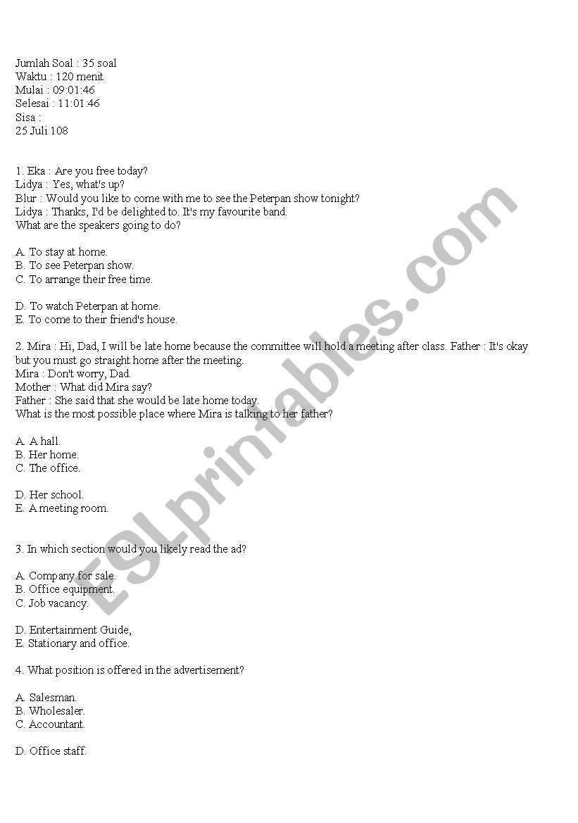 Placement Test worksheet