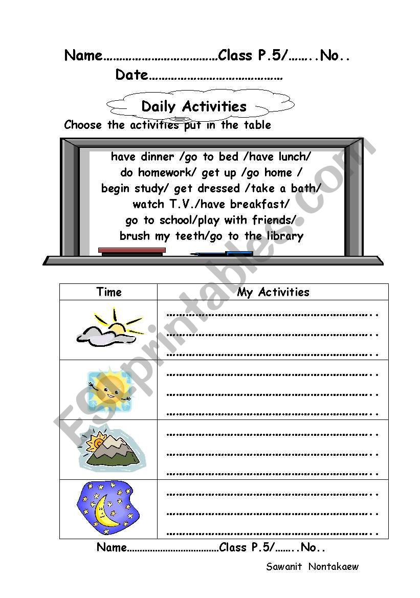 Daily Activities worksheet