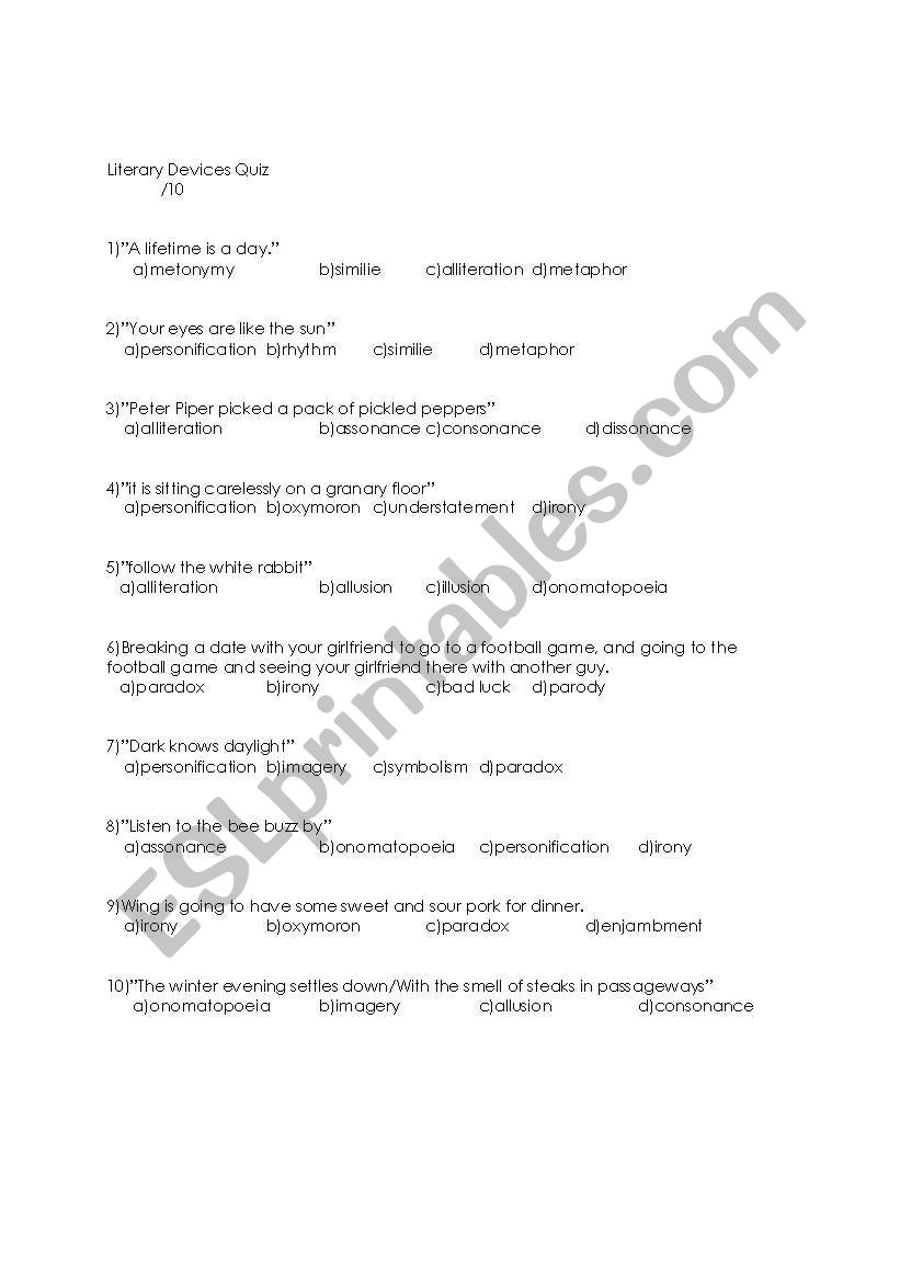 Literary Devices Quiz worksheet