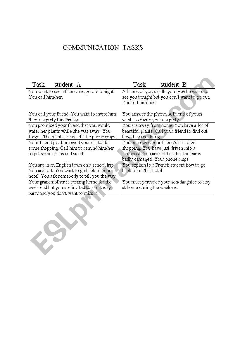 commu nication tasks worksheet