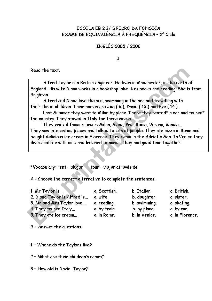 Simple Present _test paper worksheet