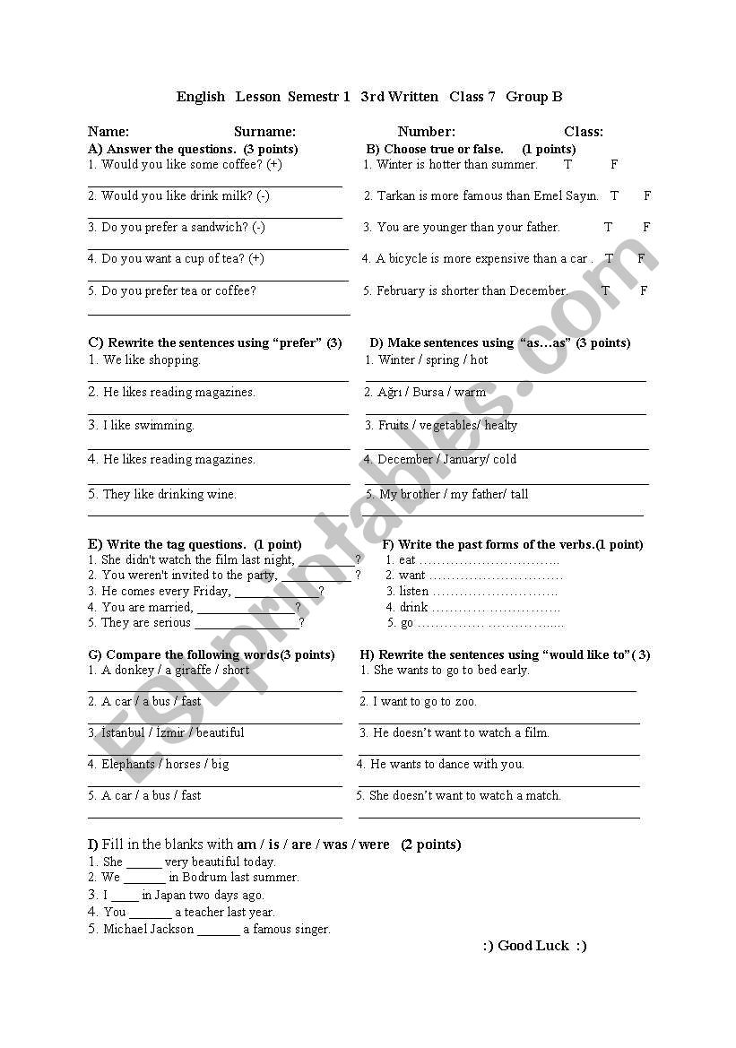 exam worksheet