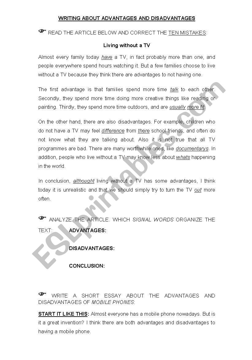 WRTITING: ADVANTAGE/DISADVANTAGE PARAGRAPH