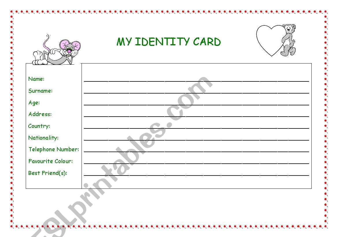 Identity card worksheet