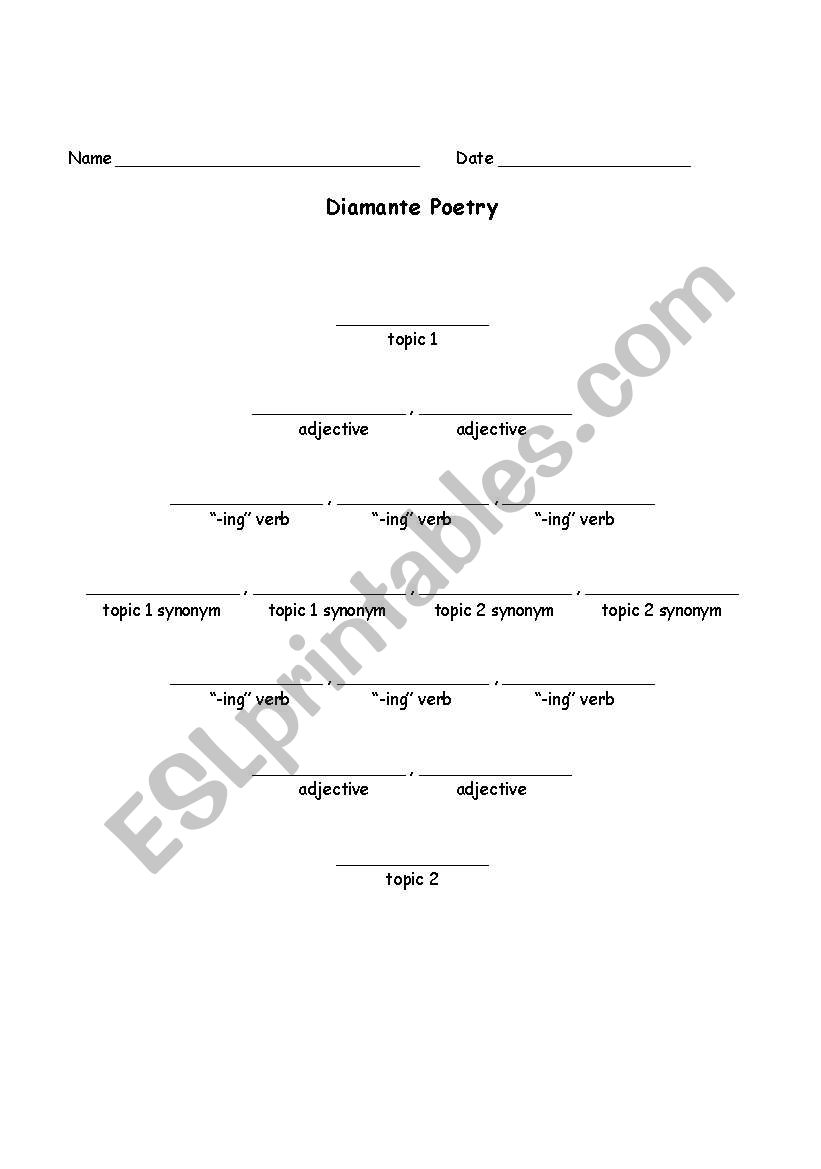 Writing a Diamante Poem worksheet