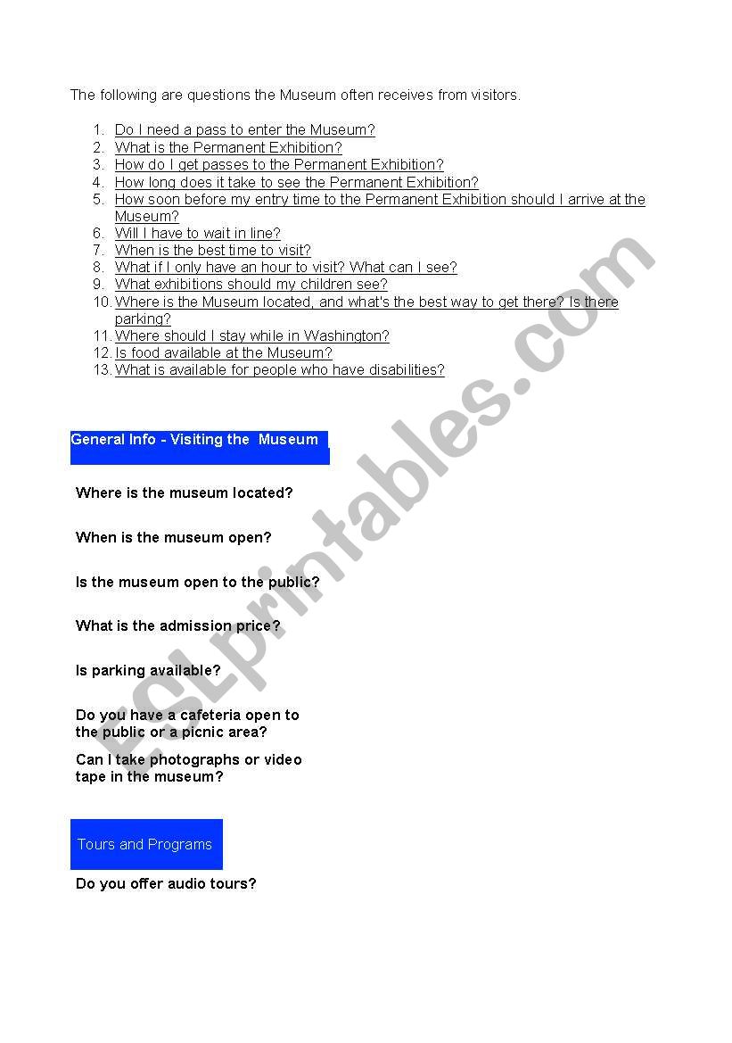 museum questions worksheet