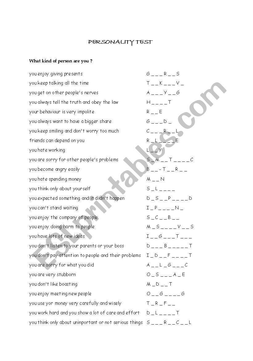 personality test worksheet