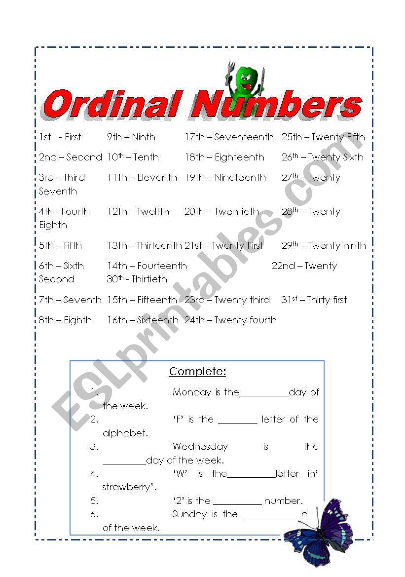 Ordinal Numbers worksheet