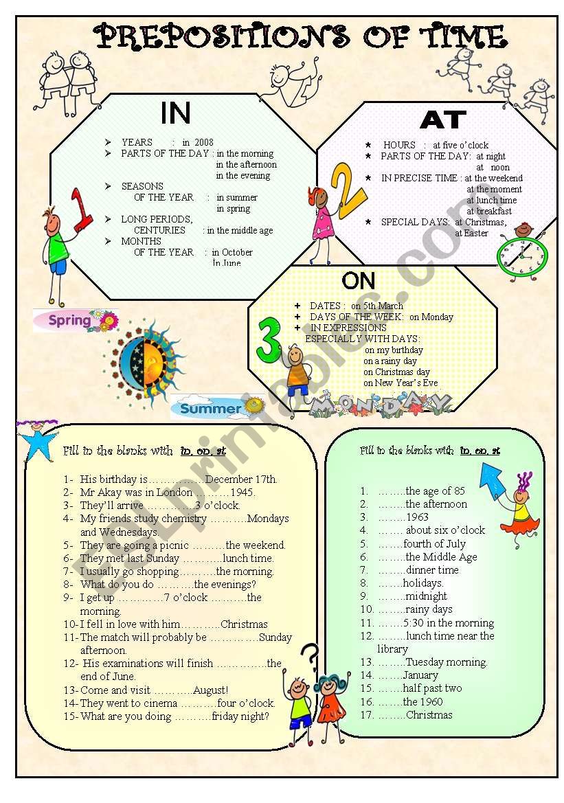 Prepositions of  time(second page is black and white type of this worksheet)