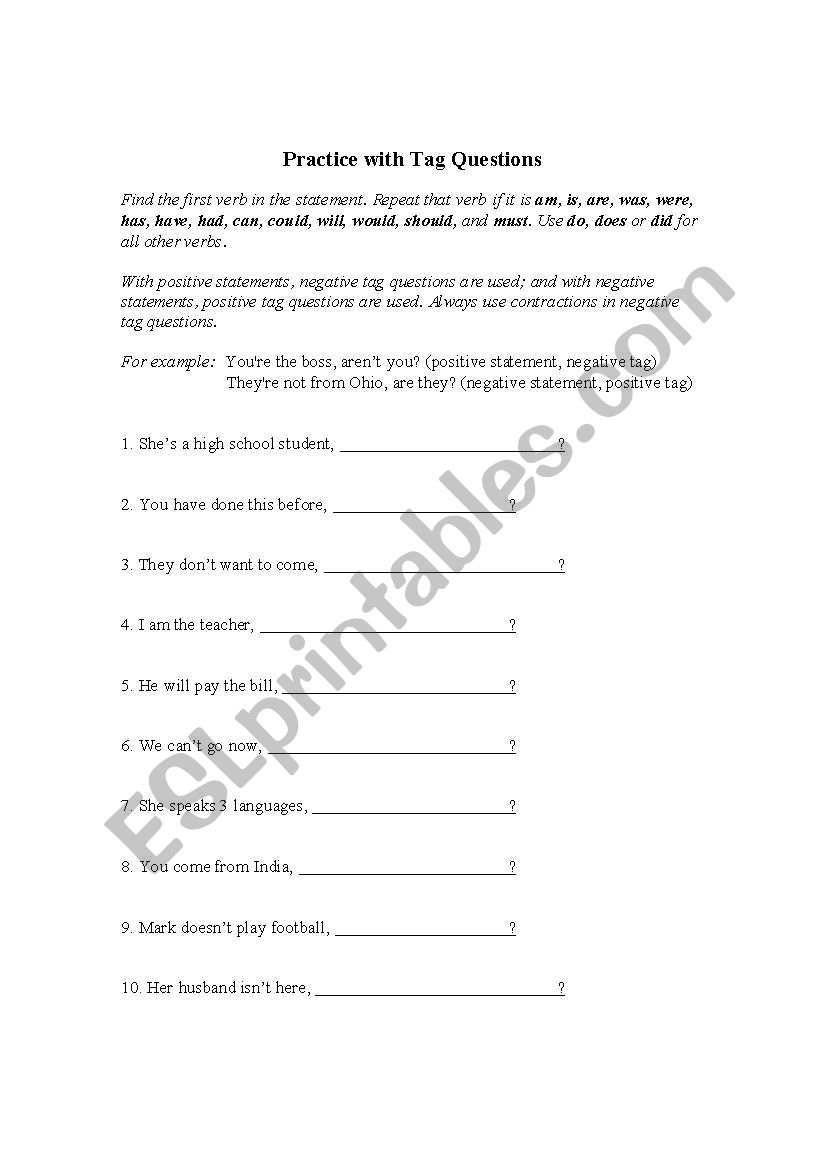 TAG QUESTIONS EXERCISES worksheet
