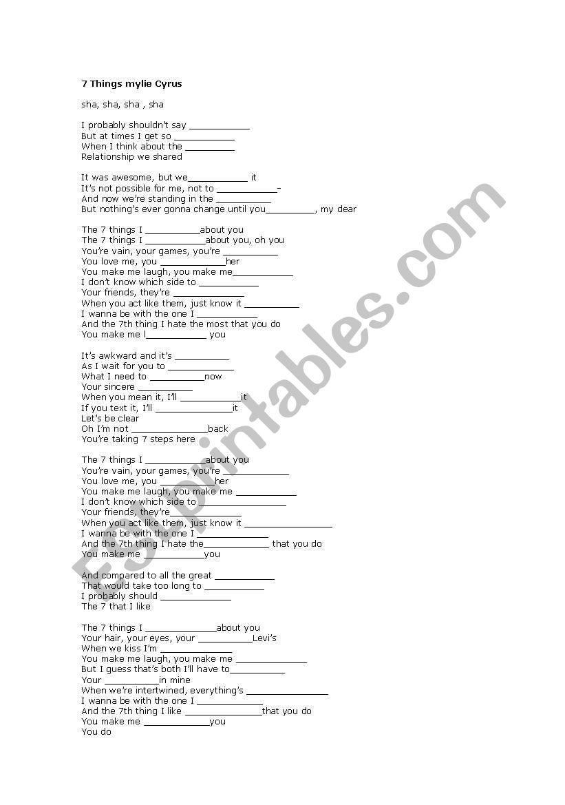7 things by MYLEY CYRUS worksheet