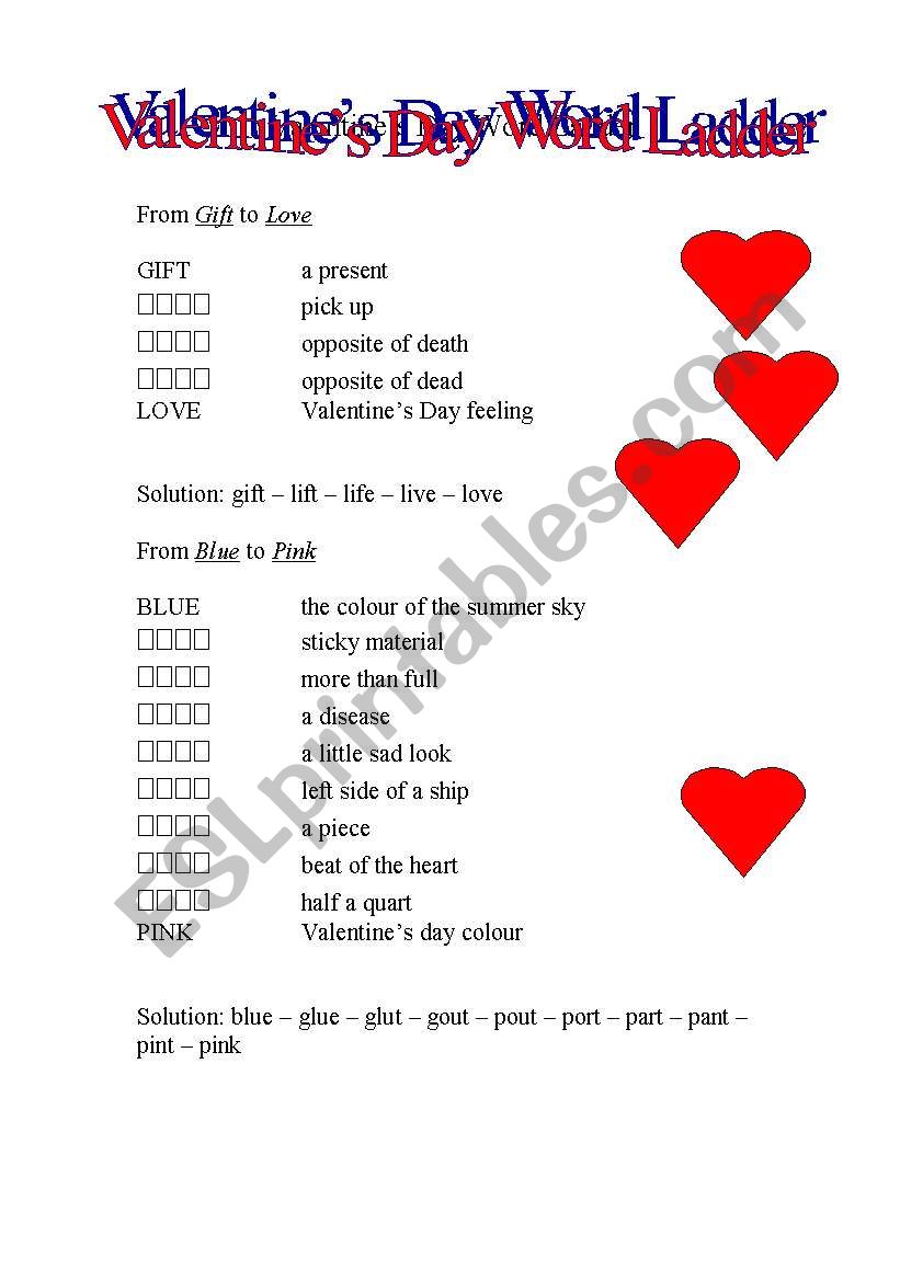 Valentines Day Word Ladder worksheet