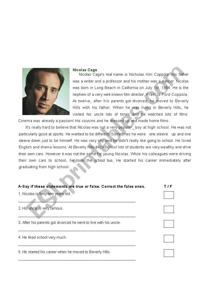 test - Nicholas Cage worksheet