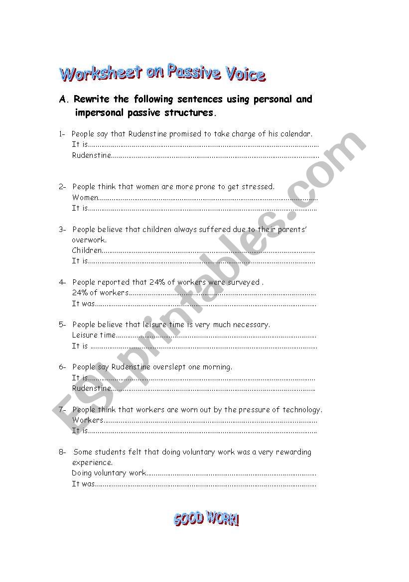 Worksheet on Personal/Impersonal Passive