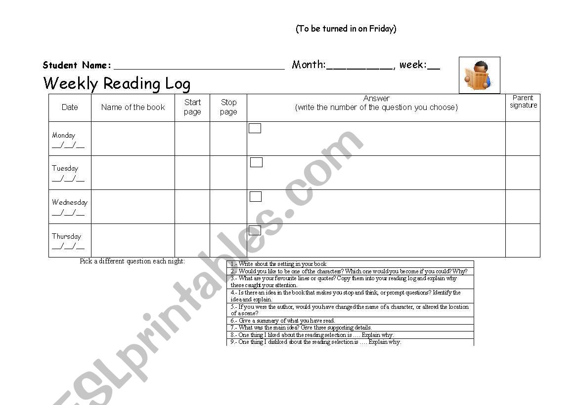 Weekly Reading Log worksheet