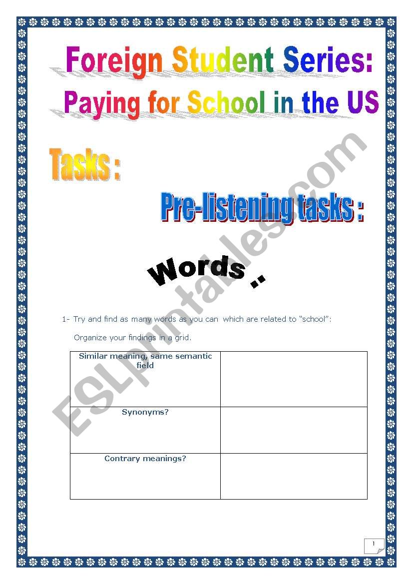 Paying for school in the US (foreign students): Project (8 pages)