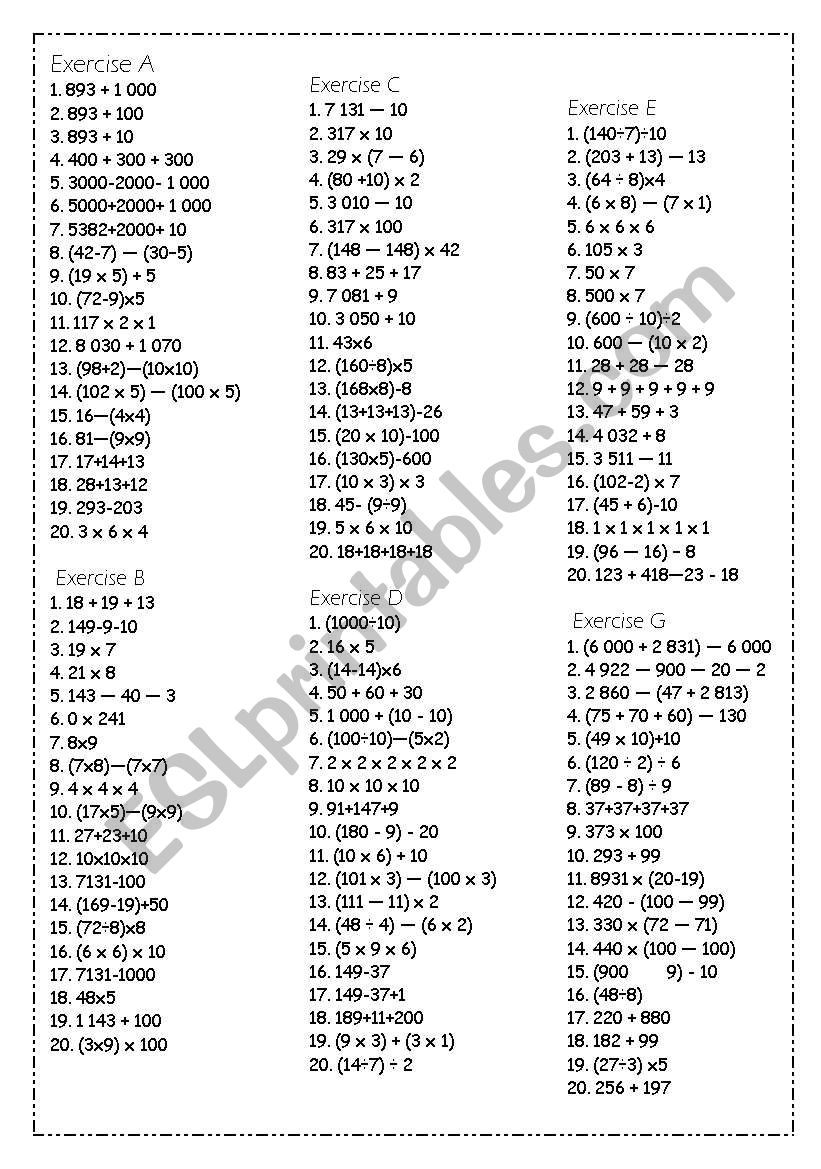 Mental Maths worksheet