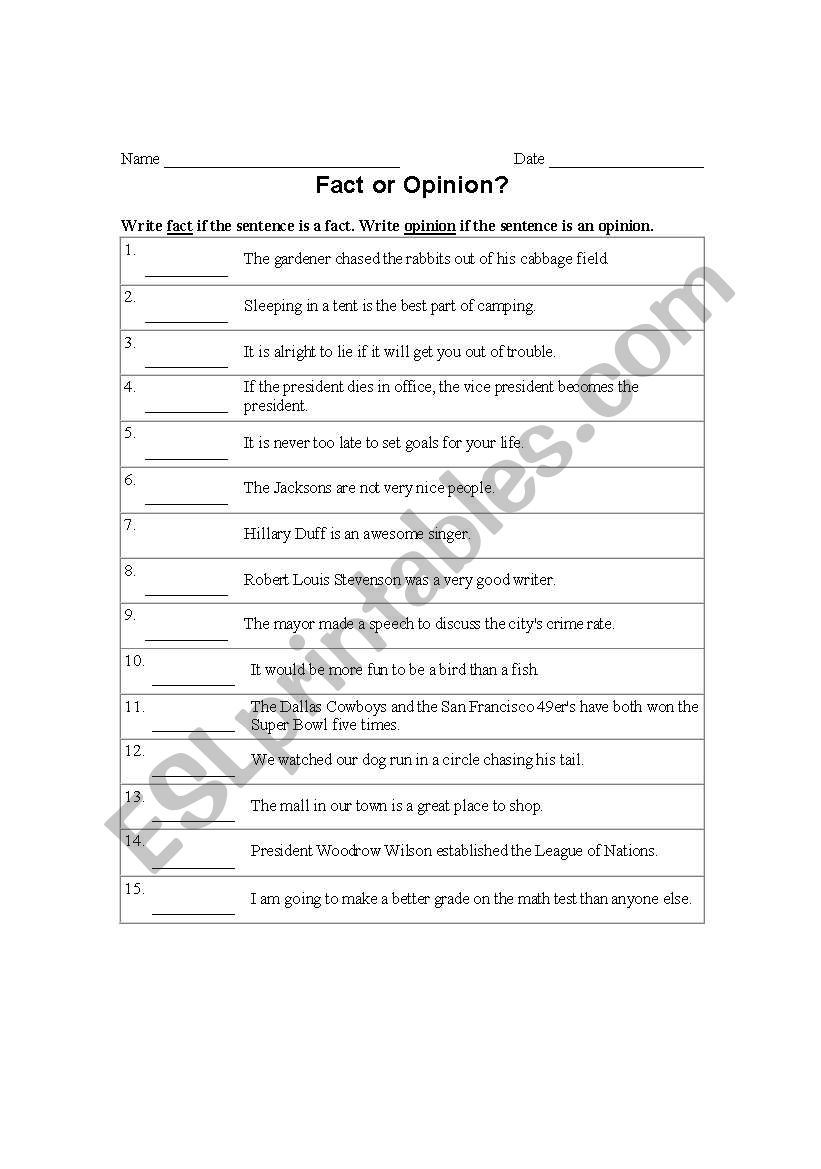 fact or opinion worksheet