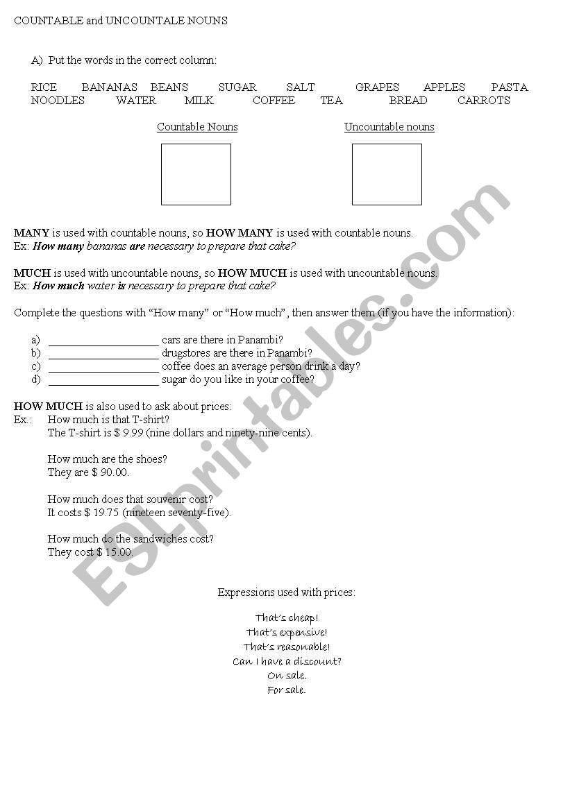 Many X Much worksheet