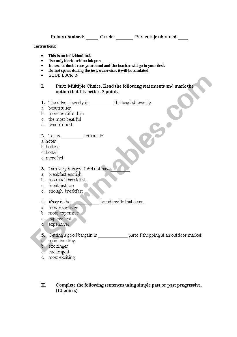 quiz comparatives and other grammar things plus rubrics for speech