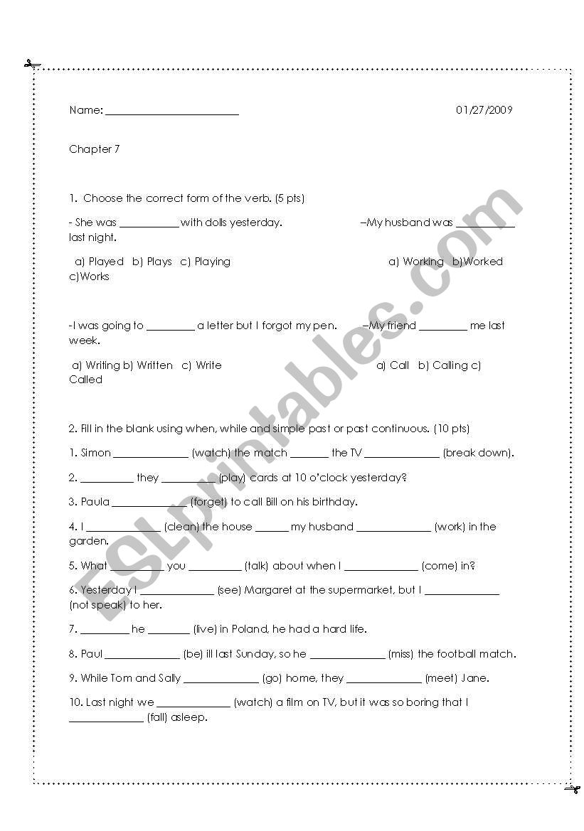 Past continuous exam  worksheet